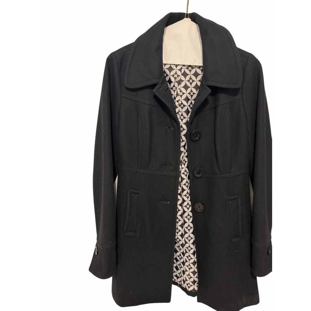 Anthropologie Tulle Womens Medium Black Wool Longline Long Sleeve Button Peacoat - Picture 3 of 10